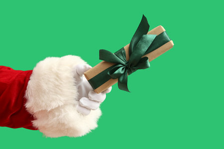 Santa Claus with gift box on green backgroundの写真素材