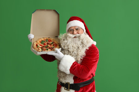 Santa Claus with box of tasty pizza on green backgroundの写真素材