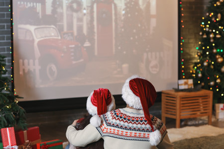 Young couple watching Christmas movie on projector screen at home, back viewの写真素材