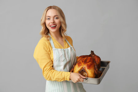 Beautiful young woman with tasty baked turkey on gray background. Thanksgiving Day celebrationの写真素材