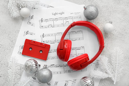 Composition with audio cassette, headphones, music sheets and Christmas decorations on light backgroundの写真素材