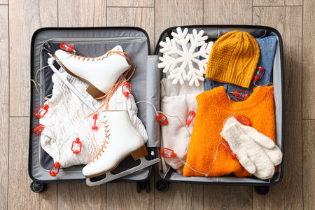 Suitcase with different warm clothes, ice skates and Christmas garland on wooden floorの写真素材