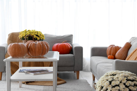 Table with pumpkins, chrysanthemum flowers and magazines in living roomの写真素材
