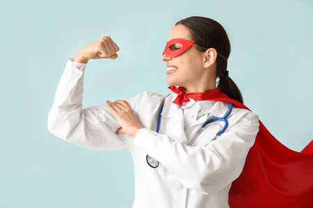 Beautiful female doctor in superhero costume showing muscles on blue backgroundの写真素材