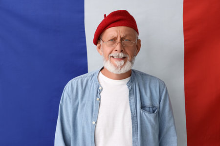 Senior man against flag of Franceの写真素材