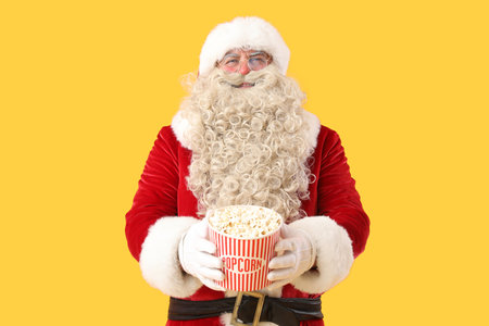 Santa Claus with tasty popcorn on yellow backgroundの写真素材