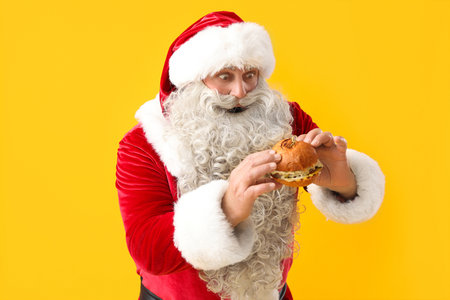Shocked Santa Claus with tasty burger on yellow backgroundの写真素材
