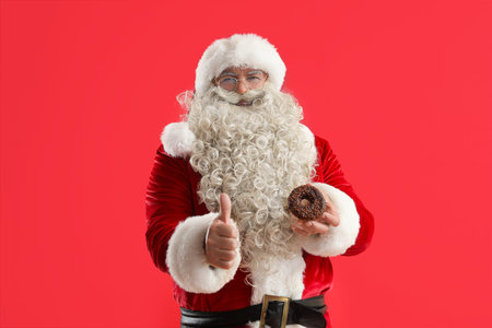 Santa Claus with tasty donut showing thumb-up on red backgroundの写真素材