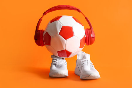 Soccer ball with headphones and sneakers on orange backgroundの写真素材