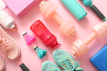 Different sports equipment and sneakers on pink backgroundの写真素材