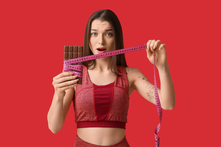 Young woman with chocolate bar and tape measure on red backgroundの写真素材