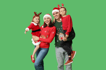 Happy family in Christmas clothes on green backgroundの写真素材