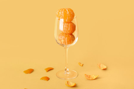 Glass with sweet mandarins on orange backgroundの写真素材