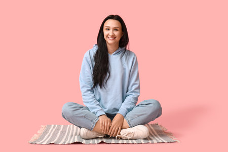 Beautiful young woman sitting on pink backgroundの写真素材