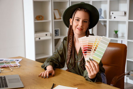 Female designer with color palettes at table in office