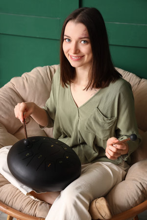 Young woman with sticks playing glucophone in armchair at home