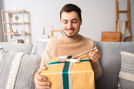 Young man with gift sitting on sofa at homeの写真素材
