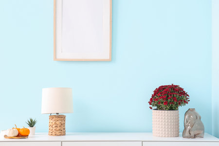 Pot with beautiful chrysanthemum flowers and pumpkins on white table in living room