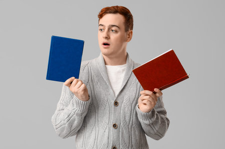 Emotional young man holding books on gray background