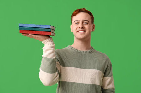 Young man holding books on green backgroundの写真素材