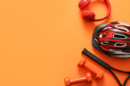 Set of sports equipment with headphones on color background