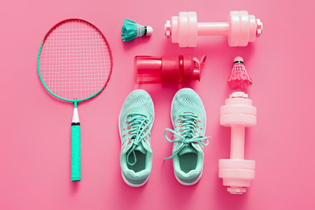 Composition with different sports equipment and shoes on pink backgroundの写真素材