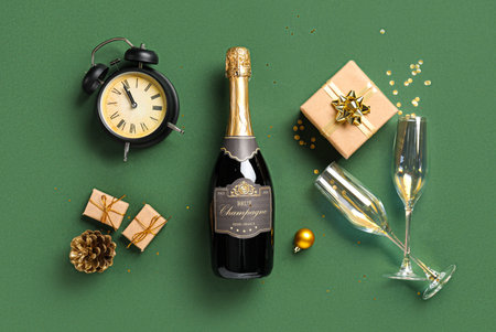 Composition with bottle of champagne, alarm clock and Christmas gifts on green backgroundの写真素材