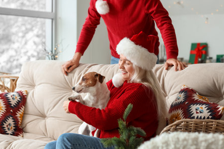 Happy mature couple with cute dog at home on Christmas Eveの写真素材