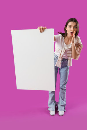 Young gossip woman with blank poster on purple backgroundの写真素材
