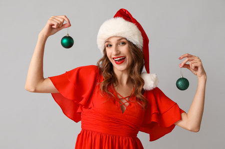 Happy young woman in Santa hat with Christmas balls on gray backgroundの写真素材