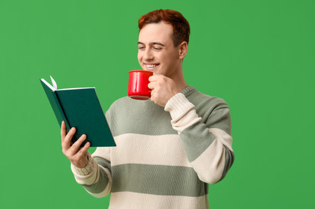 Young man drinking beverage and reading book on green background