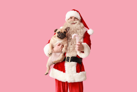 Santa Claus with cute French bulldog and candy cane on pink backgroundの写真素材