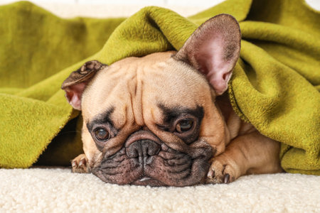 Cute French bulldog with plaid on sofa at homeの写真素材