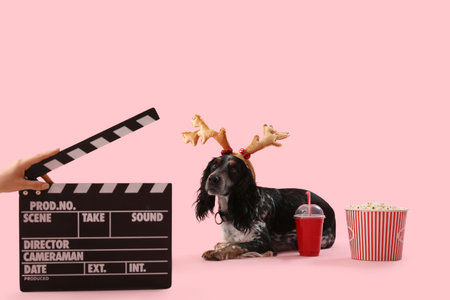 Cute cocker spaniel in reindeer horns with soda, popcorn and movie clapper on pink backgroundの写真素材