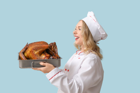 Young female chef with tasty baked turkey on blue background. Thanksgiving Day celebrationの写真素材