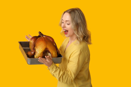Excited young woman with baked turkey on yellow background. Thanksgiving Day celebrationの写真素材
