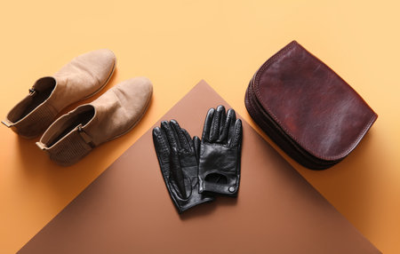 Female leather gloves, shoes and bag on color backgroundの写真素材