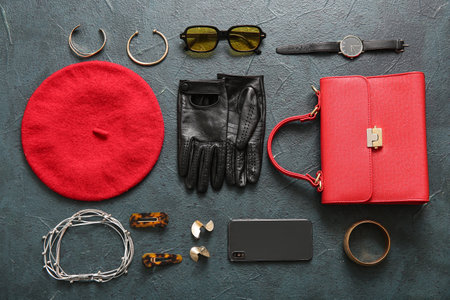 Set of stylish female accessories and modern mobile phone on dark color backgroundの写真素材