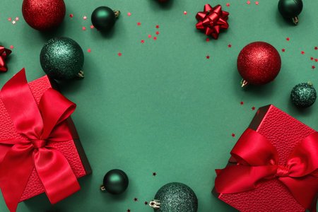 Frame made of Christmas tree balls and gifts on green backgroundの写真素材