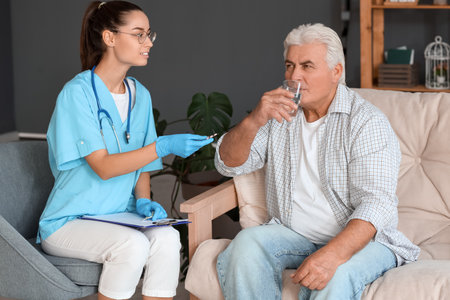 Senior man with nurse at homeの写真素材