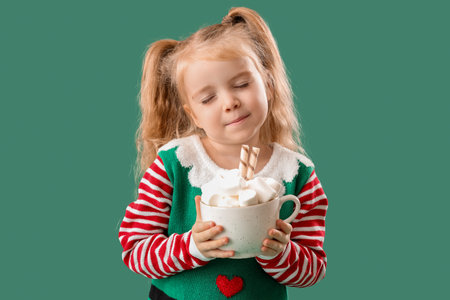 Dreaming little elf holding cup of hot chocolate with marshmallows on green backgroundの写真素材