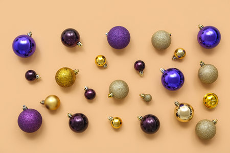 Composition with Christmas balls on beige backgroundの写真素材