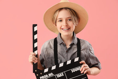 Little actor with movie clapper on pink backgroundの写真素材
