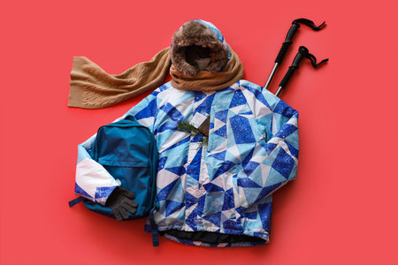 Backpack with puffer jacket and ski sticks on red background