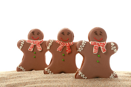 Tasty gingerbread cookies on sand against white backgroundの写真素材