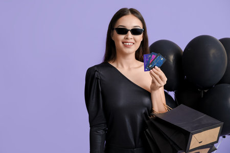 Beautiful young Asian woman with shopping bags, credit cards and balloons on purple background....