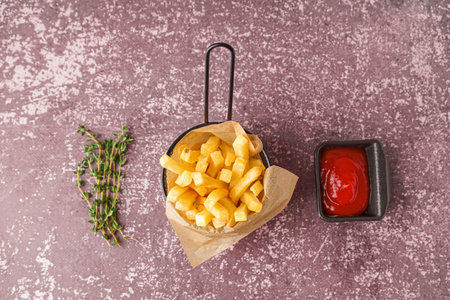 Deep fryer basket with French fries and ketchup on gray background