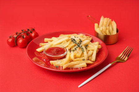 Plate of tasty French fries with ketchup on red background