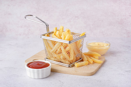 Deep fryer basket with tasty French fries and sauces on white backgroundの写真素材