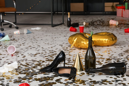 Heels with bottles and confetti on floor in messy office after New Year party, closeupの写真素材